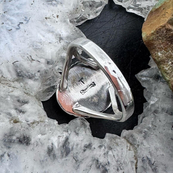 Native American Sterling Silver Oval Blackjack Decorated Ring Size 8.5 For Women - Picture 7 of 11
